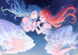  2girls 39m27 absurdres ahoge alternate_costume anklet asymmetrical_sidelocks blue_hair bow bowtie closed_eyes commentary_request constellation detached_sleeves dress earrings floating_hair flower frilled_dress frills hair_bun hair_flower hair_ornament hair_ribbon high_heels highres holding_hands hololive hoshimachi_suisei interlocked_fingers jewelry layered_dress layered_sleeves long_hair long_sleeves midair multiple_girls one_side_up open_mouth pink_hair puffy_detached_sleeves puffy_short_sleeves puffy_sleeves ribbon sakura_miko see-through_clothes see-through_sleeves shoes short_sleeves side_up_bun sky sleeveless sleeveless_dress smile star_(sky) starry_sky virtual_youtuber white_bow white_bowtie white_dress white_shoes yuri 