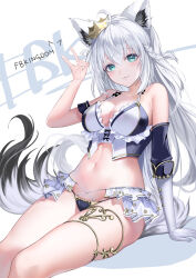  1girl adapted_costume ahoge animal_ear_fluff animal_ears bikini braid breasts crown detached_sleeves fox_ears fox_girl fox_shadow_puppet fox_tail frilled_bikini frills gloves gold_crown highres hololive karanashi_noma mini_crown multicolored_tail shirakami_fubuki shirakami_fubuki_(fbkingdom) side_braid single_braid single_sleeve sitting solo swimsuit tail virtual_youtuber white_gloves white_hair 