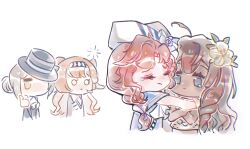  4girls ahoge barcarola_(reverse:1999) black_coat black_hat black_shirt blue_eyes boater_hat brown_hair checkered_hairband chibi closed_eyes coat cropped_torso dark-skinned_female dark_skin dixie_cup_hat dress fatutu flower grey_eyes grey_hair hair_bun hair_flower hair_ornament hairband hat hat_over_one_eye heads_together hibiscus hug leaf_hair_ornament loading_icon long_braid long_hair military_hat multiple_girls o_o one_eye_covered orange_hair red_hair reverse:1999 shirt single_side_bun sleeveless sleeveless_shirt sonetto_(reverse:1999) tearing_up thumbs_up upper_body vertin_(reverse:1999) white_background white_dress white_flower white_hat white_shirt yi_zui_hua_yue 