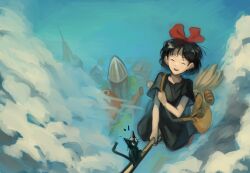  1girl above_clouds absurdres bag black_dress black_hair blue_sky bread building closed_eyes cloud dress falling_food food from_above hair_ribbon handbag highres kiki_(majo_no_takkyuubin) kornod loaf_of_bread majo_no_takkyuubin medium_hair red_ribbon ribbon short_sleeves sky solo 