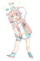  1girl ai_the_somnium_files animal_ear_hairband animal_ears blue_socks blush cat_ear_hairband cat_ears dress fake_animal_ears full_body gebodyabo hairband high_heels highres holding holding_microphone looking_at_viewer low_twintails microphone open_mouth pink_hair pink_shoes sagan_iris shoes simple_background smile socks solo star_(symbol) tehepero twintails white_background white_dress 