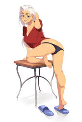 1girl ass barefoot butt_crack feet glasses highres june_(squeezable) long_hair looking_at_viewer open_mouth original panties shirt slippers soles squeezable_(squeezabledraws) t-shirt thick_eyebrows toes underwear white_hair rating:Questionable score:93 user:ssfl