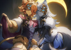  2girls animal_ear_fluff animal_ears ascot blue_eyes bracelet breasts chain closed_mouth clothing_cutout coat_lift collar dog_ears dog_girl dog_tail drill_hair duel_monster fur_trim genyaky grey_hair highres jewelry kneeling lion_ears lion_girl lion_tail long_hair looking_at_viewer lunalight_gold_leo lunalight_silver_hound medium_hair multiple_girls navel navel_cutout orange_hair puffy_sleeves red_ascot signature smile spiked_collar spikes tail underboob underboob_cutout yu-gi-oh! 