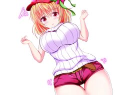  1girl amyi bare_shoulders blonde_hair blush breasts bursting_breasts closed_mouth cowboy_shot embarrassed hair_between_eyes hat koucha_rakkyo large_breasts looking_at_viewer motion_lines red_eyes red_hat ribbon sabrina_to_muryoku_na_tamashii short_hair sleeveless sleeveless_sweater sleeveless_turtleneck solo standing sweater tachi-e tented_shirt thighs transparent_background turtleneck turtleneck_sweater w_arms white_sweater 