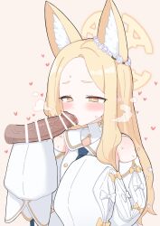  1boy 1girl animal_ear_fluff animal_ears bar_censor bare_shoulders blonde_hair blue_archive blush bow censored detached_sleeves disembodied_penis erection extra_ears fellatio foreskin fox_ears green_eyes halo heart hetero highres loli long_hair multicolored_eyes oral penis phimosis pink_eyes seia_(blue_archive) simple_background sleeve_bow sleeves_past_fingers sleeves_past_wrists solo_focus sukarabeeto two-tone_eyes white_bow yellow_bow yellow_halo 