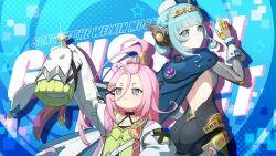  absurdres aino_(genshin_impact) android antenna_hair aqua_eyes bangs_pinned_back blue_eyes blue_hair breasts english_text genshin_impact grey_eyes hair_between_eyes hair_ornament hairband hat highres ineffa_(genshin_impact) joints laska_(572124034) looking_at_viewer mechanical_ears multicolored_eyes pink_hair robot_ears robot_girl robot_joints screw_hair_ornament sidelocks sleeves_past_fingers sleeves_past_wrists star_(symbol) triangular_headpiece yellow_eyes 