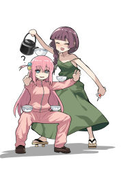  2girls :d ? balancing blue_eyes blush bocchi_the_rock! bowl braid brown_hair closed_eyes cube_hair_ornament dress drunk drunken_master fang geta gotoh_hitori hair_ornament hiroi_kikuri horse_stance jacket kettle long_hair multiple_girls open_mouth pants parody pink_hair pouring shaded_face smile spaghetti_strap track_jacket track_pants track_suit twinpoo 