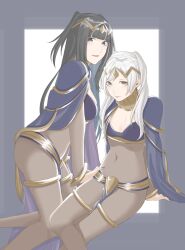 2girls ao_saryaruhu ass black_bra black_eyes black_hair black_nails bodysuit bra bracelet breasts cleavage_cutout cloak clothing_cutout cosplay covered_navel crossed_legs female_focus fingernails fire_emblem fire_emblem_awakening foot_up full_body hand_on_another&#039;s_hip happy height_difference high_heels highres hime_cut intelligent_systems invisible_chair jewelry knees large_breasts legs light_blush loincloth long_hair looking_at_viewer matching_hair/eyes medium_breasts multiple_girls nail_polish nintendo open_mouth parted_lips revealing_clothes robin_(female)_(fire_emblem) robin_(fire_emblem) see-through_bodysuit see-through_clothes short_twintails sidelocks sitting smile swept_bangs tharja_(fire_emblem) tharja_(fire_emblem)_(cosplay) thighlet thighs tiara tongue tongue_out twintails underwear white_hair