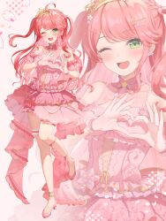  1girl four-finger_heart_hands absurdres ahoge anklet blush frilled_thigh_strap choker cross-laced_clothes cross-laced_dress detached_sleeves dress earrings flower flower_earrings frilled_choker frills full_body glass_slipper green_eyes hair_ornament hairclip hanazawa_ma heart heart_hands high_heels highres hololive jewelry layered_dress long_hair no_socks official_alternate_costume one_eye_closed open_mouth pink_flower pink_hair sakura_miko sakura_miko_(flower_fantasista!) solo standing standing_on_one_leg thigh_strap tiara tilted_headwear virtual_youtuber zoom_layer  rating:General score:1 user:danbooru
