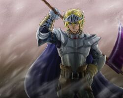  1boy armor blonde_hair blue_cape blue_eyes breastplate brown_background cape closed_mouth commentary_request cowboy_shot cross gauntlets hair_between_eyes holding holding_scythe looking_at_viewer male_focus paladin_(ragnarok_online) pauldrons ragnarok_online scythe short_hair shoulder_armor simpatiaein smile solo visor_(armor) 