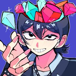  1boy black_eyes black_hair blue_background collarbone collared_shirt commentary english_commentary fake_type foreshortening gem grin hair_between_eyes hand_up highres long_sleeves looking_at_viewer male_focus meiru_5555 mister_jewel_box open_skull outline portrait shirt short_hair simple_background smile sparkle teeth tophamhat-kyo white_outline 