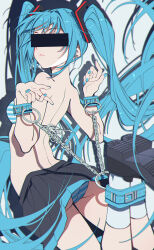  1girl absurdly_long_hair absurdres aqua_hair aqua_nails arched_back ass bar_censor bdsm black_shoes black_skirt bondage bondage_cuffs bound bound_arms bound_legs bra breasts censored censored_identity chain commentary_request cuffs drop_shadow facing_back facing_viewer fingernails floating_hair foreshortening from_behind hair_over_one_eye hatsune_miku highres legs_up long_bangs long_hair median_furrow miniskirt nail_polish no_shirt palms panties pantyshot parted_lips pleated_skirt shoes sidelocks simple_background skirt small_breasts socks solo striped_bra striped_clothes striped_panties tiandingfengren turning_head twintails underwear variant_set very_long_hair vocaloid white_background white_socks wispy_bangs 