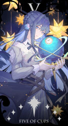  1girl absurdres arknights astesia_(arknights) blue_background blue_hair blue_neckerchief braid card_(medium) celestial_globe collared_dress colored_inner_hair commentary constellation dress english_commentary expressionless facial_mark hair_between_eyes hair_intakes half_updo highres holding juliet_sleeves kotatsu_kaya light_particles long_sleeves looking_at_viewer minor_arcana_(tarot) multicolored_hair neckerchief puffy_sleeves sideways_glance solo star_(sky) striped_clothes striped_dress tarot vertical-striped_clothes vertical-striped_dress white_dress 