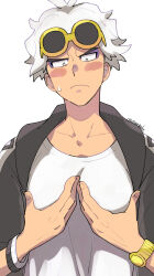  1boy black_eyes blush_stickers bracelet bright_pupils closed_mouth creatures_(company) cupping eyeshadow frown game_freak guzma_(pokemon) highres jacket jewelry looking_down makeup male_focus nintendo nyoripoke open_clothes open_jacket pokemon pokemon_sm purple_eyeshadow shirt short_hair simple_background solo sunglasses sweatdrop upper_body watch white_background white_hair white_pupils white_shirt wristwatch yellow-framed_eyewear 