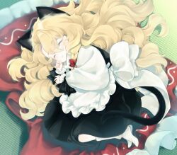  1girl aged_down animal_ears apron back_bow black_skirt blanket blonde_hair bow braided_sidelock cat_ears cat_girl cat_tail child closed_eyes frilled_apron frills full_body hair_between_eyes hair_bow kemonomimi_mode kirisame_marisa long_hair long_sleeves lying meji_aniki no_shoes on_floor on_side parted_lips puffy_long_sleeves puffy_sleeves red_bow shirt skirt socks solo tail touhou turtleneck turtleneck_shirt waist_apron wavy_hair white_apron white_bow white_shirt white_socks 