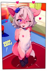  1girl absurdres animal_ears animal_nose border cat_ears cat_girl cat_tail cleft_of_venus commentary completely_nude cum cum_on_body english_commentary english_text facial fang flat_chest full_body furry furry_female grey_hair heart highres loli moneymop navel nipples nude one_eye_closed open_mouth original paw_hair_ornament pink_eyes pink_fur pussy short_hair solo standing tail transparent_border 