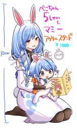 2girls :d :o aged_down animal_ear_fluff animal_ears blue_hair book bow braid brown_pantyhose carrot_hair_ornament commentary_request detached_sleeves don-chan_(usada_pekora) dress feet food-themed_hair_ornament hair_bow hair_ornament hair_over_shoulder highres holding holding_book hololive houshou_kumarine houshou_marine kiritoma long_hair long_sleeves mother_and_daughter multicolored_hair multiple_girls open_book open_mouth pantyhose pekomama puffy_long_sleeves puffy_sleeves rabbit_ears sample_watermark seiza short_eyebrows simple_background single_braid sitting sitting_on_lap sitting_on_person smile sparkle thick_eyebrows translation_request twin_braids twintails two-tone_hair usada_pekora very_long_hair virtual_youtuber watermark white_background white_bow white_dress white_hair white_sleeves