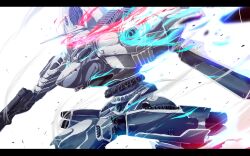  armored_core armored_core:_for_answer assault_visor battle_damage gun highres horns humanoid_robot machine_gun mecha nekominase no_humans red_visor robot science_fiction single_horn thrusters weapon white_glint 