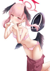  1girl armpit_crease bare_arms bare_shoulders beret black_choker black_hat black_wings blue_archive blush bow bow_panties bra breasts c.u.wa choker clothes_pull collarbone commentary convenient_arm covering_own_mouth dutch_angle embarrassed feathered_wings feet_out_of_frame floating_hair frilled_bra frills halo hands_up hat head_wings highres koharu_(blue_archive) loli looking_at_viewer low_wings medium_hair miniskirt navel no_headwear off_shoulder panties pink_bra pink_hair pink_halo pink_panties pleated_skirt red_bow red_eyes red_halo red_skirt simple_background skirt skirt_pull small_breasts solo standing stomach strap_slip thighs twintails underwear unworn_hat unworn_headwear white_background winged_halo wings x_fingers 