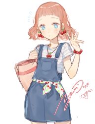  1girl :o ^^^ absurdres bag bead_bracelet beads blue_eyes blunt_bangs blush bracelet cherry_earrings cherry_necklace cowboy_shot earrings food-themed_earrings food_themed_earrings hand_up highres holding holding_bag jewelry looking_at_viewer medium_hair original overalls red_hair shirt signature simple_background solo striped_clothes striped_shirt t-shirt waistband white_background yoimon 