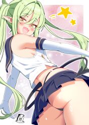  1girl absurdres ass black_panties black_tail blue_archive blue_skirt blush border breasts commentary_request cosplay cowboy_shot crop_top demon_tail elbow_gloves fang gloves green_hair highleg highleg_panties highres loli long_hair looking_at_viewer microskirt nozomi_(blue_archive) open_mouth panties pointy_ears shimakaze_(kancolle) shimakaze_(kancolle)_(cosplay) shirt sideboob skin_fang skirt sleeveless sleeveless_shirt solo tail tama_amata thong twintails underwear white_border white_gloves white_shirt yellow_eyes 