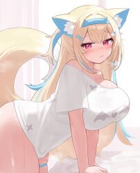  1girl absurdres animal_ears bandaid bandaid_hair_ornament bare_shoulders bent_over blonde_hair blue_hairband blush breasts closed_mouth colored_inner_animal_ears commentary dog_ears dog_girl dog_tail fuwawa_abyssgard hair_ornament hairband highres hololive hololive_english huge_breasts long_hair looking_at_viewer multicolored_hair naked_shirt off-shoulder_shirt off_shoulder pink_eyes print_shirt shirt short_sleeves solo streaked_hair sweat tail thigh_strap thighs two-tone_hair verdey virtual_youtuber white_shirt 