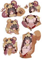  1girl :q :t animal_costume animal_hands armpits bear_costume bell_orgel bikini bikini_under_clothes black_bikini black_hair blood blunt_bangs blush_stickers boggleboe_(monster_girl_encyclopedia) breasts brown_eyes button_eyes buttons claws closed_eyes commentary cum cum_on_body cum_on_hair facial gloves highres looking_at_viewer medium_breasts micro_bikini monster_girl_encyclopedia multiple_views navel onesie open_mouth paw_gloves pout shaded_face short_hair simple_background smile string_bikini swimsuit tongue tongue_out white_background yawning zipper_pull_tab 