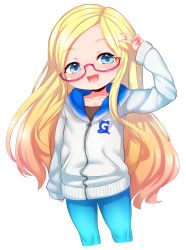  1girl :3 :d absurdres animal_ears arm_at_side blonde_hair blue_eyes blue_pants blush born-to-die cat_ears cat_tail child collarbone cowboy_shot cropped_legs denim emblem eyebrows female_focus flat_chest gelbooru gelbooru-tan glasses gradient_hair hand_up happy heart highres hood hood_down hoodie jacket jeans long_hair long_sleeves looking_at_viewer multicolored_hair open_mouth orange_hair pants personification pink-framed_eyewear semi-rimless_eyewear sidelocks sleeves_past_wrists smile solo swept_bangs tail tight_clothes tight_pants transparent transparent_background under-rim_eyewear v very_long_hair zipper  rating:General score:187 user:lozertuser