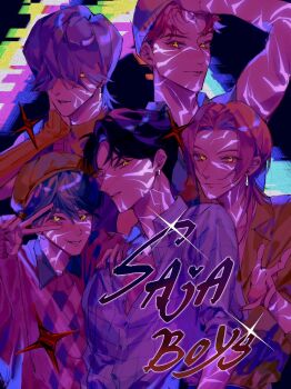  5boys abby_(kpop_demon_hunters) aqua_hair arm_warmers baby_(kpop_demon_hunters) black_hair body_markings collared_shirt demon earrings facial_mark group_name hair_over_eyes hashtag-only_commentary hat highres jewelry jinu_(kpop_demon_hunters) kpop_demon_hunters looking_at_viewer male_focus multiple_boys mystery_(kpop_demon_hunter) one_eye_closed pink_hair realemonade romance_(kpop_demon_hunters) shirt short_hair smile sparkle v yellow_eyes 