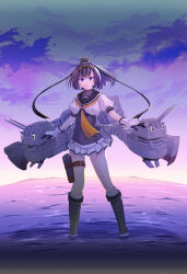  1girl ahoge akizuki_(kancolle) black_hair black_headband black_sailor_collar blue_eyes blush boots breasts chou-10cm-hou-chan chou-10cm-hou-chan_(akizuki&#039;s) clothes_writing corset gloves grey_boots hachimaki hair_flaps hair_ornament hairband headband headgear highres kantai_collection looking_at_viewer machinery map_(blue_catty) neckerchief ocean open_mouth orange_neckerchief pleated_skirt ponytail sailor_collar school_uniform serafuku ship_turret short_hair skirt sky smile solo water white_skirt yellow_neckerchief 
