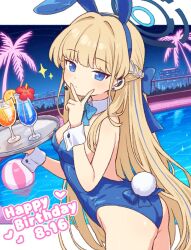  1girl animal_ears ass ball blonde_hair blue_archive blue_eyes blue_halo blue_leotard bow bowtie breasts commentary_request dated detached_collar fake_animal_ears fake_tail halo happy_birthday leotard long_hair medium_breasts official_alternate_costume onyhakase playboy_bunny rabbit_ears rabbit_tail solo strapless strapless_leotard tail toki_(blue_archive) toki_(bunny)_(blue_archive) tray v wrist_cuffs 