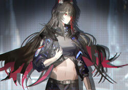  1girl ambience_synesthesia animal_ear_fluff animal_ears arknights belt black_belt black_hair black_jacket black_pants breasts closed_mouth colored_inner_hair commentary cowboy_shot cropped_jacket cropped_shirt expressionless grey_shirt hair_between_eyes highres jacket long_hair medium_breasts multicolored_hair navel official_alternate_costume open_clothes open_jacket pants plumw red_eyes red_hair shirt solo standing stomach texas_(ambience_synesthesia)_(arknights) texas_(arknights) two-tone_hair wolf_ears wolf_girl 