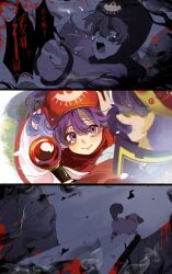  1boy 1girl animalization blush dog dragon_quest dragon_quest_ii hand_on_another&#039;s_head highres holding holding_staff looking_at_another mamesan_2024 multiple_views open_mouth pink_eyes princess_of_moonbrook purple_hair red_hood roto&#039;s_emblem short_hair smile staff tears wide-eyed 