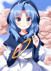  1girl blue_eyes blue_hair blue_hood blush buddhist_nun closed_mouth commentary day dress hand_up highres holding_hoop kumoi_ichirin long_hair long_sleeves looking_at_viewer medium_hair parted_bangs ruu_(tksymkw) smile solo touhou unzan upper_body white_dress wide_sleeves 