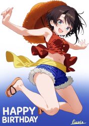  1girl armpits bare_shoulders breasts brown_hair cosplay curio_(curiofinity) denim denim_shorts english_text green_eyes hat highres hololive looking_at_viewer medium_breasts monkey_d._luffy monkey_d._luffy_(cosplay) navel one_piece oozora_subaru open_mouth sandals sash shirt short_hair shorts sleeveless sleeveless_shirt smile solo straw_hat virtual_youtuber yellow_sash 