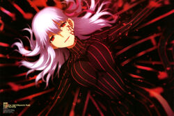  1girl absurdres black_dress body_markings breasts dark_persona dark_sakura dress fate/stay_night fate_(series) hair_ribbon heaven&#039;s_feel highres large_breasts looking_at_viewer matou_sakura official_art red_eyes ribbon smile solo striped_clothes striped_dress takeuchi_takashi ufotable vertical-striped_clothes vertical-striped_dress white_hair 