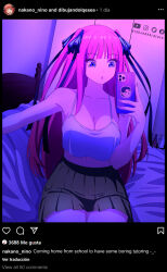 1girl :o black_ribbon black_skirt blue_camisole blue_eyes breasts camisole cellphone character_name crop_top crop_top_overhang english_text facebook_logo go-toubun_no_hanayome hair_ribbon highres holding holding_phone instagram instagram_logo long_hair looking_down medium_breasts nakano_nino on_bed open_mouth phone pink_hair pleated_skirt ribbon sitting skirt smartphone social_media_composition solo spanish_text twitter_logo vash_over very_long_hair youtube_logo rating:Sensitive score:18 user:danbooru