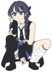  1girl armpit_crease asymmetrical_footwear asymmetrical_legwear black_boots black_necktie black_shoes black_skirt black_thighhighs blue_eyes blue_hair blush boots braid closed_mouth collarbone commentary_request full_body hair_ornament highres i_do_me!_(love_live!) link!_like!_love_live! llkapital long_hair love_live! miniskirt mismatched_legwear mole mole_on_neck murano_sayaka necktie official_alternate_costume pleated_skirt shirt shoes side_braid simple_background single_bare_shoulder single_braid single_sleeve skirt slav_squatting socks solo squatting thighhighs uneven_footwear uneven_legwear virtual_youtuber white_background white_shirt white_socks x_hair_ornament 