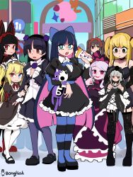  6+girls absurdres amane_misa black_dress black_hair black_thighhighs blonde_hair blunt_bangs boku_wa_tomodachi_ga_sukunai bongfill boots brown_hair child date_a_live death_note dress fang food frilled_dress frills gate_-_jieitai_ka_no_chi_nite_kaku_tatakaeri gokou_ruri gothic_lolita hasegawa_kobato heterochromia highres holding holding_food holding_stuffed_toy lolita_fashion long_hair looking_at_viewer mole mole_under_eye multiple_girls ore_no_imouto_ga_konna_ni_kawaii_wake_ga_nai panty_&amp;_stocking_with_garterbelt purple_eyes red_eyes rory_mercury rozen_maiden shalltear_bloodfallen spiked_legwear stocking_(psg) stuffed_toy suigintou thighhighs tokisaki_kurumi trait_connection twintails 
