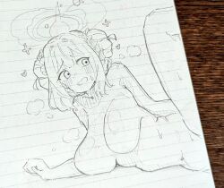  blue_archive blush breasts breasts_against_floor double_bun greyscale hair_bun hair_intakes hair_ornament hair_scrunchie halo heart heavy_breathing implied_sex large_breasts leg_up lying mika_(blue_archive) monochrome navel no_nipples nude on_side open_mouth scrunchie sexually_suggestive sketch sweat tovjiw6kok72805 traditional_media 