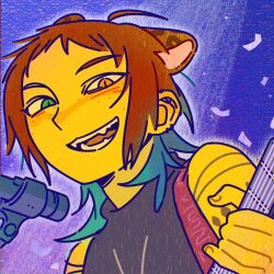  animal_ears anime_coloring brown_hair cartoonized earrings green_eyes jewelry multicolored_hair orange_eyes panther_ears portrait procreate_(medium) rainbow_hair rock_band sharp_teeth smile sticker tattoo teeth thick_eyebrows toon_(style) 