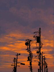  broken_cable cloud cloudy_sky gradient_sky highres hisachan55cute no_humans original pixel_art power_lines scenery silhouette sky sunset transformer utility_pole 