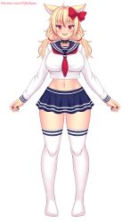  1girl ahoge animal_ears black_nails blonde_hair blue_skirt blush bow breasts cat_ears cat_girl choker collarbone fangs hair_bow indie_virtual_youtuber large_breasts long_hair long_sleeves looking_at_viewer low_twintails midriff multicolored_hair navel neckerchief nottytiffy open_mouth original red_bow red_eyes red_hair red_neckerchief school_uniform shirt skirt slit_pupils smile spiked_choker spikes standing streaked_hair thighhighs tiffy_(nottytiffy) twintails virtual_youtuber white_background white_shirt white_thighhighs 
