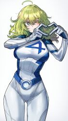  1girl absurdres blue_bodysuit blush bodysuit boku_no_hero_academia breasts cosplay fantastic_four gloves green_eyes green_hair hagakure_toru highres marvel marvel_rivals medium_breasts medium_hair multicolored_bodysuit one_eye_closed ratatatat74 solo sue_storm sue_storm_(cosplay) unusually_visible ure_ white_bodysuit  rating:Sensitive score:91 user:danbooru