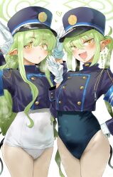  2girls :d absurdres blue_archive blue_hat blue_jacket blue_one-piece_swimsuit blush covered_navel cowboy_shot cropped_jacket dot_nose earrings excessive_pubic_hair fang female_pubic_hair gloves green_hair green_halo hair_between_eyes halo hand_on_own_hip hand_up hands_up hat heart hero_neisan highres hikari_(blue_archive) jacket jewelry legs_together long_bangs long_hair long_sidelocks long_sleeves looking_at_viewer multiple_girls nozomi_(blue_archive) one-piece_swimsuit open_mouth parted_lips pointy_ears pubic_hair pubic_hair_peek rabbit_pose sidelocks skin_fang smile spoken_heart standing straight_hair sweatdrop swimsuit swimsuit_under_clothes tareme translation_request tsurime twintails wavy_hair white_gloves white_one-piece_swimsuit yellow_eyes 
