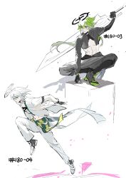  2boys absurdres aotu_world belt black_belt black_gloves black_shirt black_shoes chinese_commentary closed_mouth crop_top fingerless_gloves gloves greatsword green_eyes green_hair green_sash grey_pants hair_between_eyes halo highres holding holding_sword holding_weapon jacket long_hair long_sleeves low_ponytail macchiato_bi_guanzhong male_focus midriff multiple_boys navel numbered on_one_knee open_clothes open_mouth over_shoulder pants partially_colored ponytail red_eyes sash shirt shoes short_hair simple_background sketch smile sneakers squatting sword teeth toned weapon weapon_over_shoulder white_background white_hair white_jacket white_pants white_shoes xander_(aotu_world) zain_(aotu_world) 
