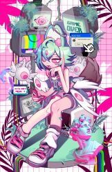  1girl absurdly_detailed_composition ahoge animal_ears annoyed aqua_hair cable cellphone colored_eyelashes colorful commentary commission creature cursor english_commentary error_message eyeball faux_figurine flip_phone flipped_hair fox_ears fox_girl fox_tail grid_background highres holding holding_phone microsoft_windows multicolored_hair multiple_wings original phone pink_eyes ringed_eyes shoes short_hair shorts sidelocks sitting skullsideart sneakers solo statue streaked_hair tail television vaporwave window_(computing) windows_xp wings zipper_pull_tab 