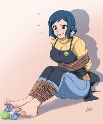 1girl absurdres apron arms_behind_back barefoot bdsm blue_eyes blue_hair bondage bound bound_ankles cleave_gag cloth_gag denim feet gag gagged gundam gundam_build_fighters highres improvised_gag iori_rinko jeans lost_one_zero mature_female pants rope sitting sweater tickling turtleneck turtleneck_sweater rating:General score:17 user:darktempleguardian