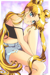  1girl bare_shoulders bishoujo_senshi_sailor_moon blonde_hair blue_eyes crop_top from_side harleequeen long_hair short_shorts shorts sitting sleeveless teeth tsukino_usagi twintails very_long_hair 