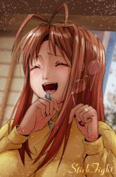  1girl :d antenna_hair blurry blurry_background breasts breasts_squeezed_together circle_name close-up closed_eyes commentary curled_fingers day eyelashes glasses hair_over_shoulder hands_up highres holding holding_pen holding_removed_eyewear indoors large_breasts laughing light_particles long_hair love_hina mangaup narusegawa_naru nose open_door open_mouth pen portrait raised_eyebrows rimless_eyewear round_eyewear shouji simple_background sliding_doors smile solo sweater teeth tongue unworn_eyewear upper_teeth_only wooden_ceiling yellow_sweater 